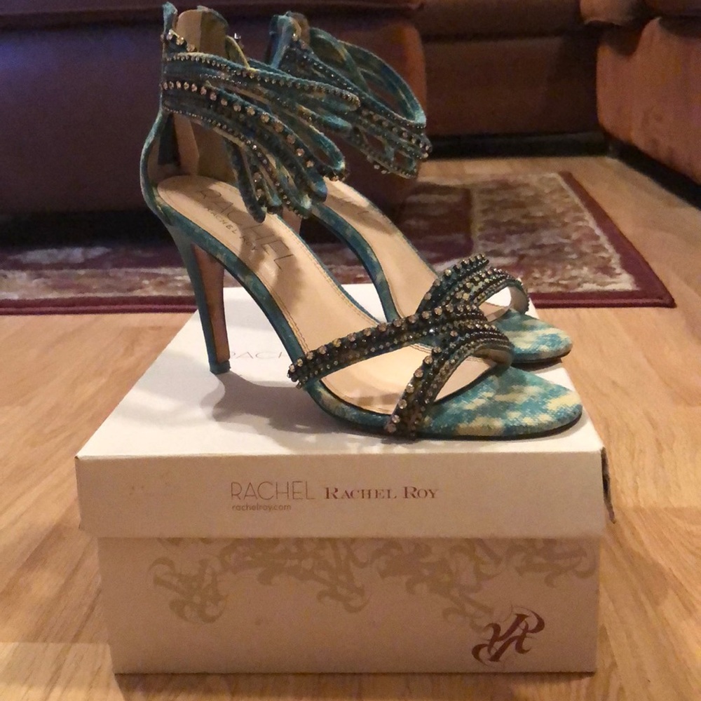 Turquoise ankle strap heels